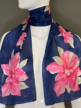 Gorg Vintage Vera Silk Scarf Large Hot Pink Florals 10 x 54 Excellent Condition